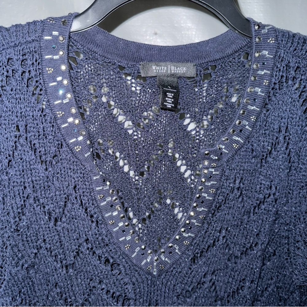 WHBM Women’s Large Navy Crocheted Long Sleeve Sweater with Jeweled Neckline